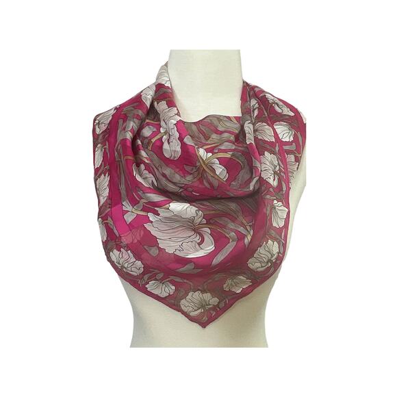 1990s Hiroko for Dozo Pink & White Semi Sheer Silk  Square Floral Motif Scarf - Picture 1 of 7